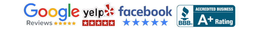 Logos for Google Reviews, Yelp, Facebook, and BBB Accreditation displayed with star ratings, highlighting our top-rated pool service and positive reviews for swimming pool care in Long Beach, CA.