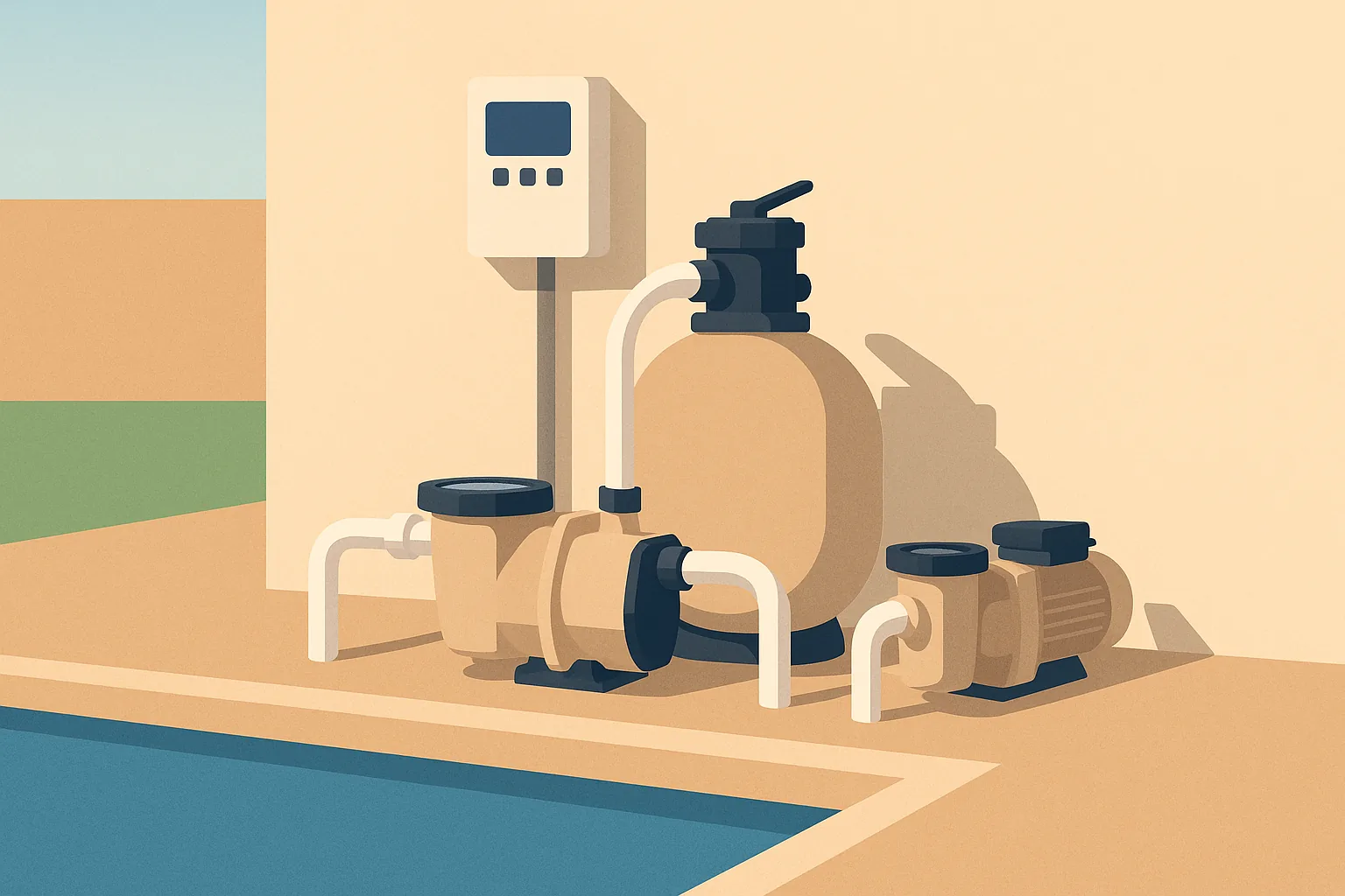 A flat editorial illustration of a Long Beach backyard pool equipment pad with a variable-speed pool pump and control panel