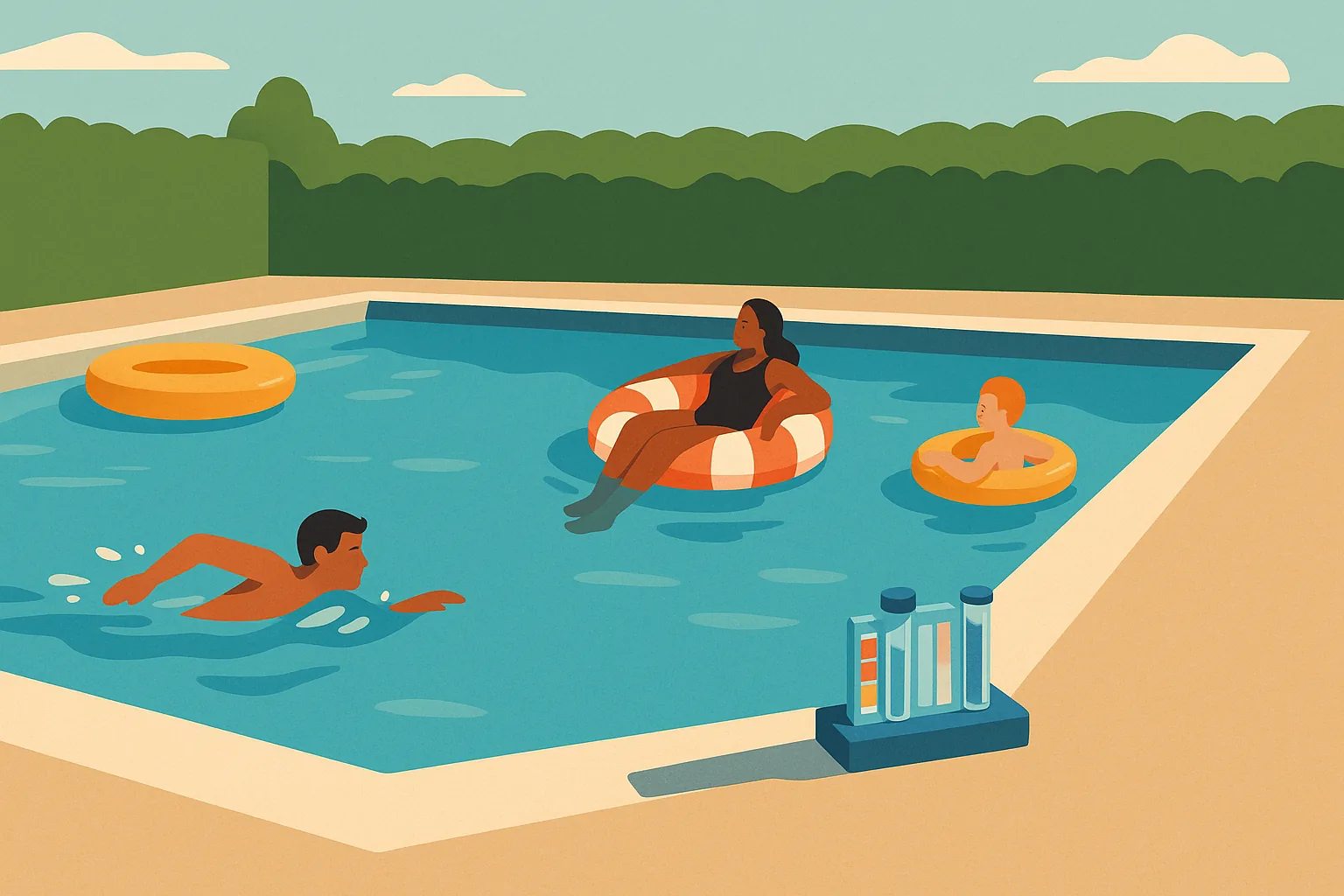 A flat editorial illustration of a busy Long Beach backyard pool in full summer sun with swimmers and a test kit on the deck