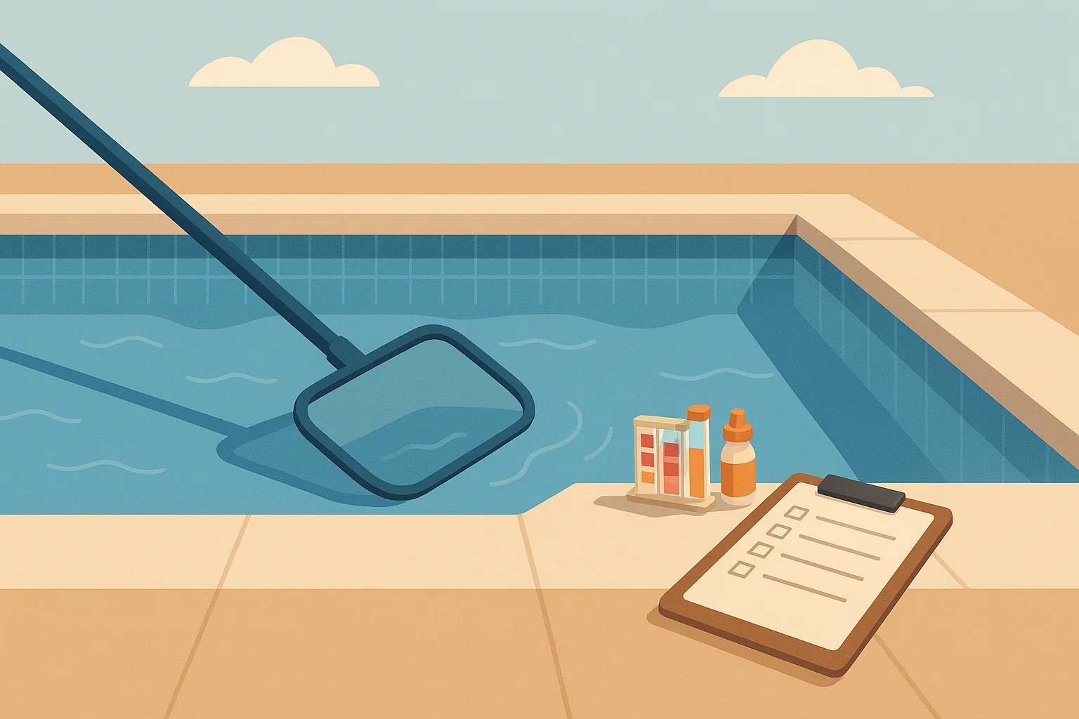 A flat editorial illustration of a Long Beach backyard pool with a service technician's net, test kit, and a clipboard estimate on the deck