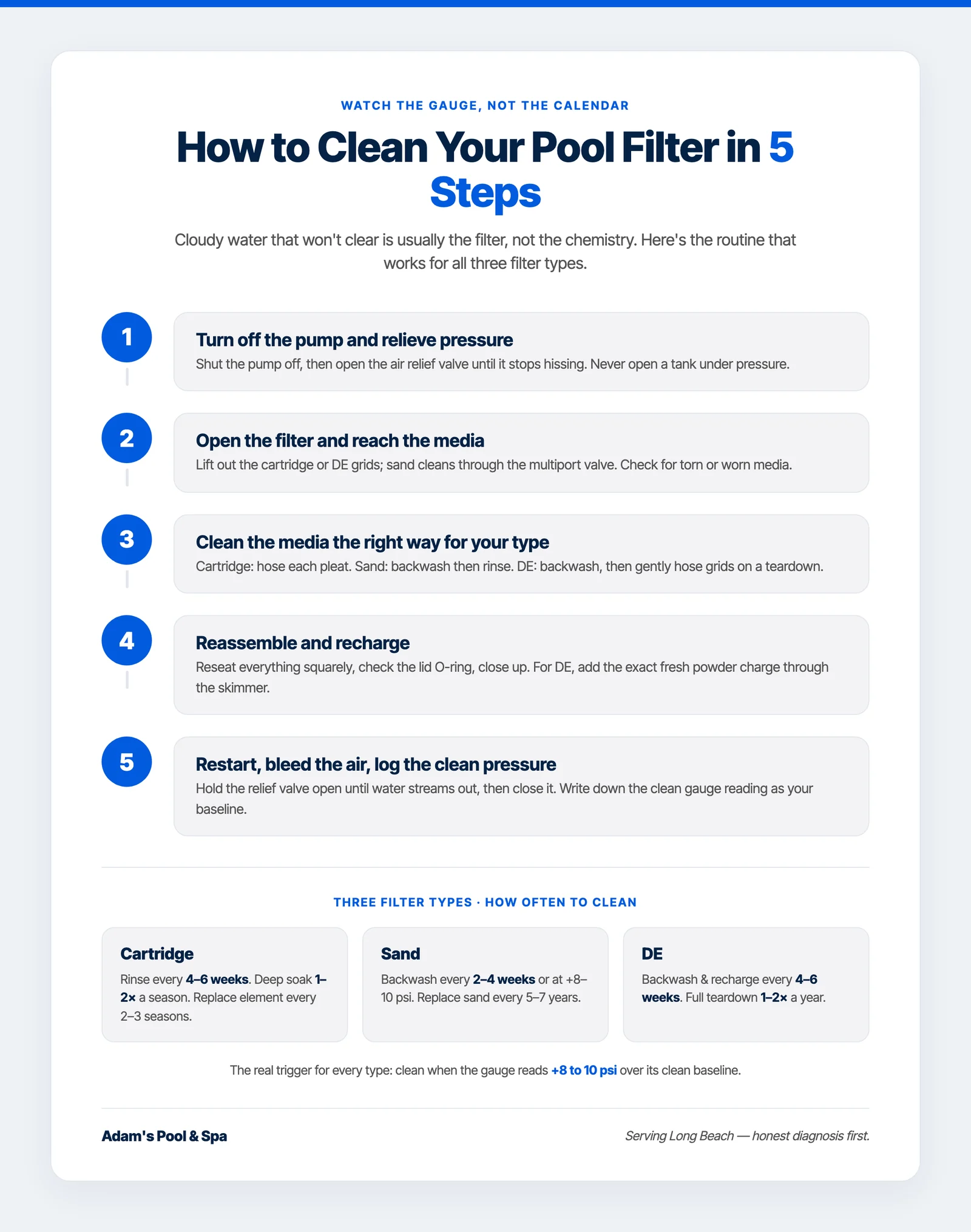 Infographic titled "how to clean a pool filter" showing the 5 steps and a comparison of cartridge, sand, and DE cleaning methods and intervals