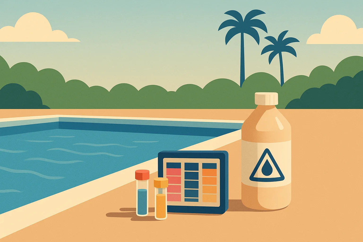 A flat editorial illustration of a Long Beach backyard pool with a pH test kit and a bottle of muriatic acid on the deck