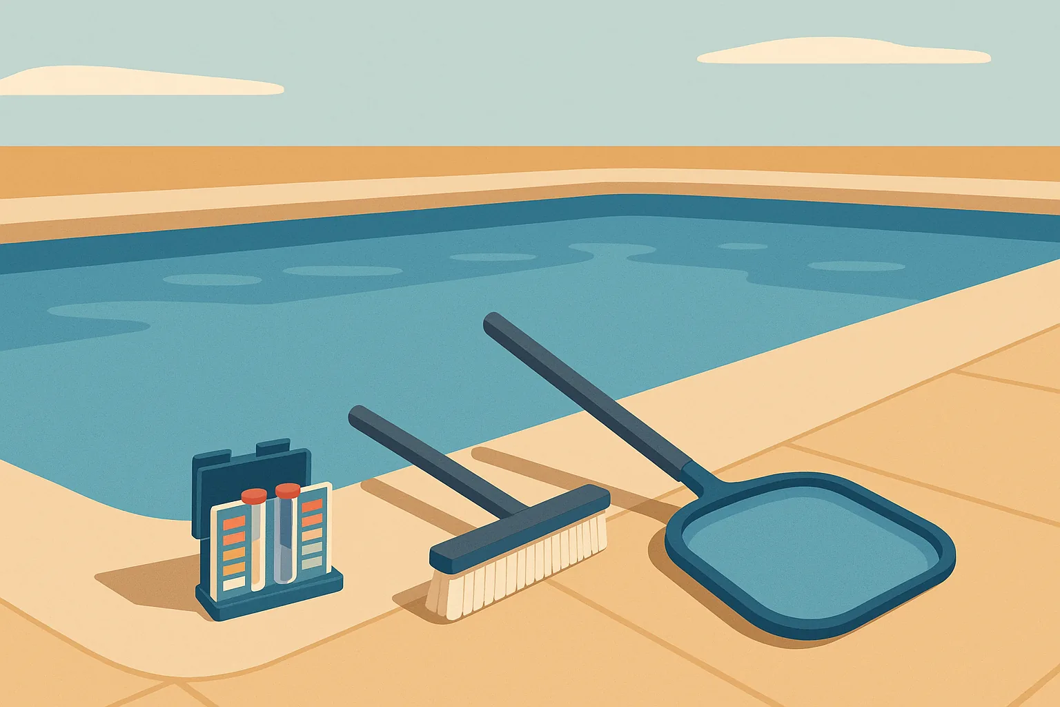 A flat editorial illustration of a Long Beach backyard pool in early spring, with a test kit, brush, and skimmer net on the deck