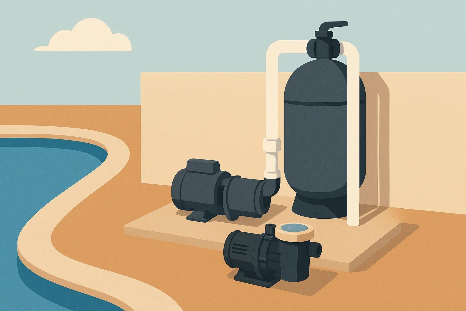 A flat editorial illustration of a Long Beach pool equipment pad with a new pool pump ready to be installed next to the old one