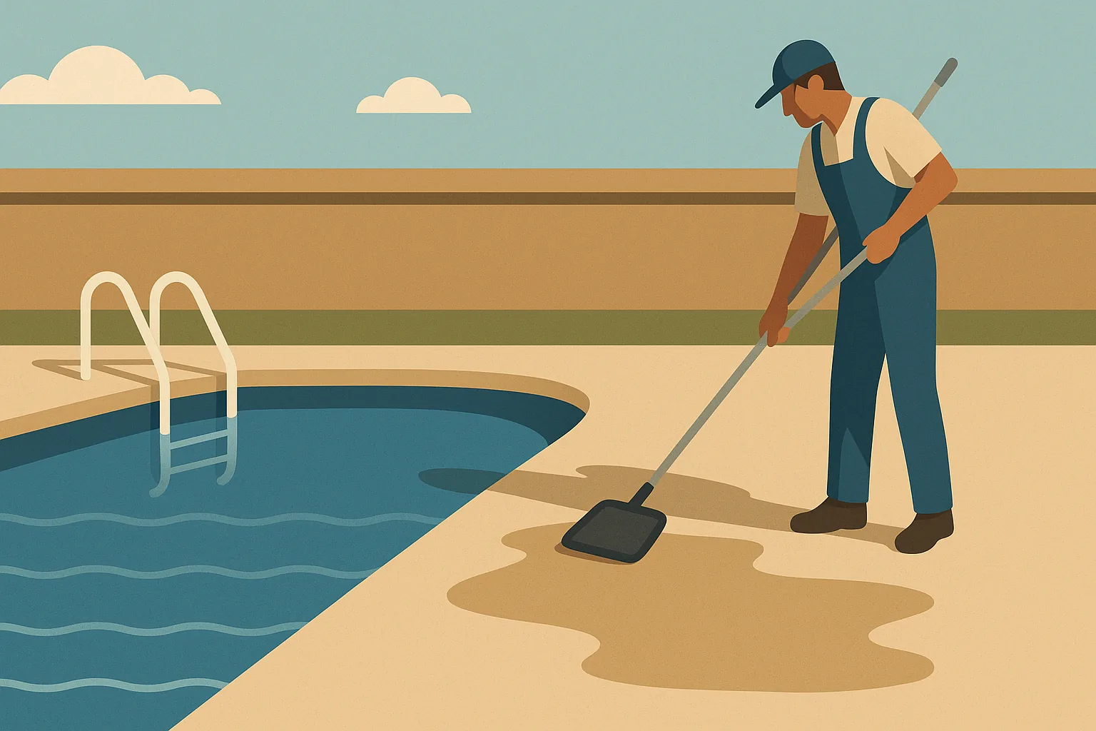 A flat editorial illustration of a Long Beach backyard pool with a low water line and a damp spot spreading across the deck