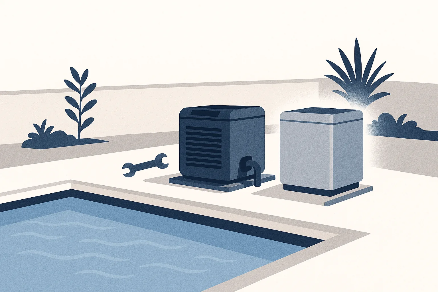 A flat editorial illustration of a Long Beach backyard pool with two heater units on the equipment pad, one tagged for repair and one for replacement