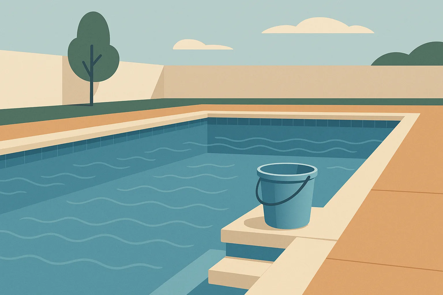 A flat editorial illustration of a Long Beach backyard pool with a visibly dropping water line and a bucket sitting on the top step for a leak test
