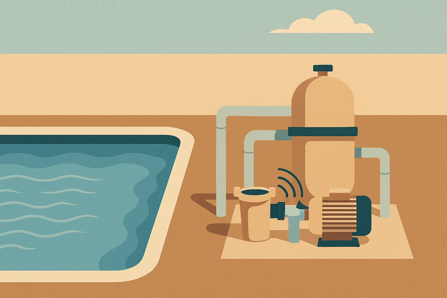 A flat editorial illustration of a Long Beach backyard pool equipment pad with a vibrating pump and visible sound waves
