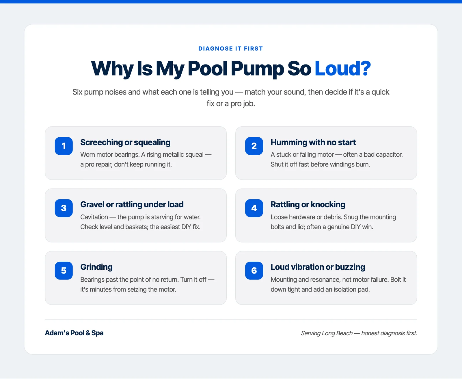 Infographic titled "6 pool pump noises and what they mean" pairing screeching, humming, gravel, rattling, grinding, and buzzing with the cause and whether it is a DIY or pro fix