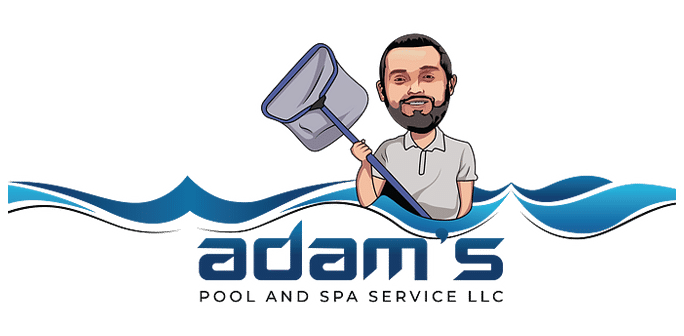 Cartoon man with a beard holding a pool skimmer stands behind blue wave graphics above the text adams POOL AND SPA SERVICE LLC, highlighting expert swimming pool service in Long Beach CA.