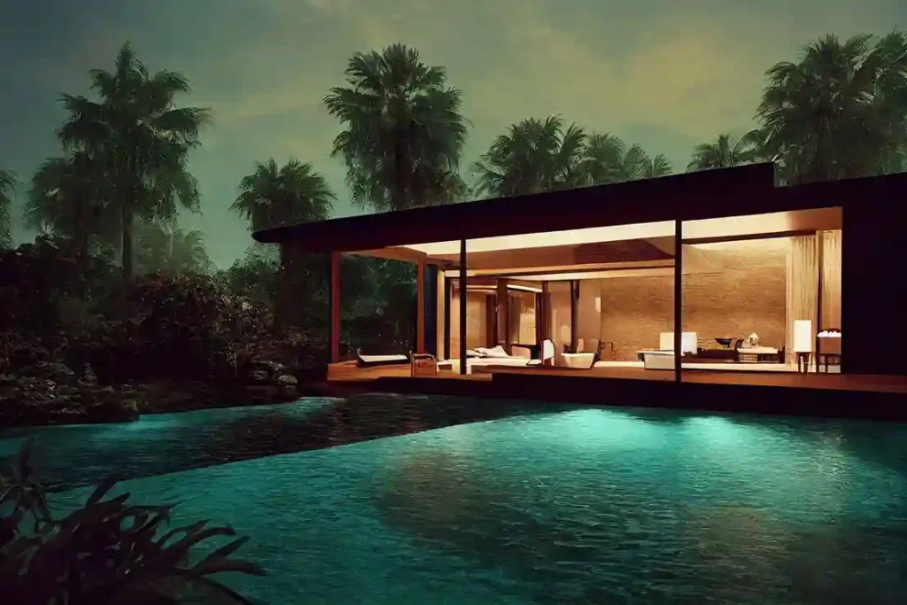 A modern, open-concept villa with large glass walls glows warmly at night, overlooking a serene pool crafted through expert commercial pool construction and surrounded by lush tropical trees and foliage.