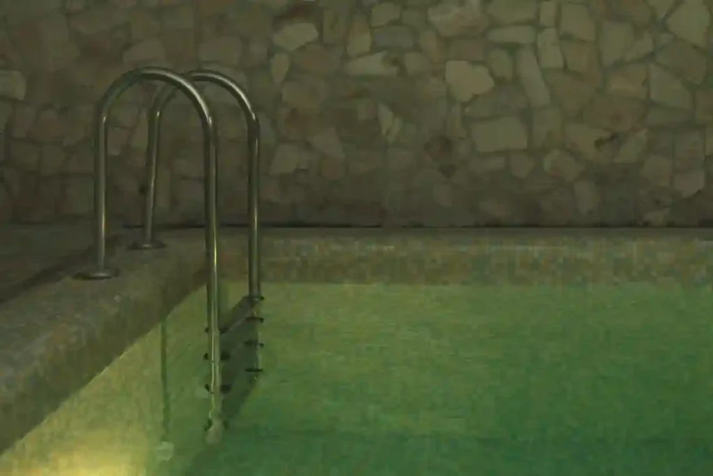 A metal pool ladder is attached to the edge of an indoor swimming pool with green-tinted water—a sign that a Commercial Pool Cleaning Service may be needed. The background features a stone-patterned wall.