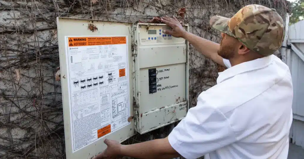 A person in a white shirt and camouflage hat, possibly a Commercial Swimming Pool Contractor, inspects and operates an outdoor electrical panel mounted on a vine-covered wall. The open panel reveals circuit information and warning labels.