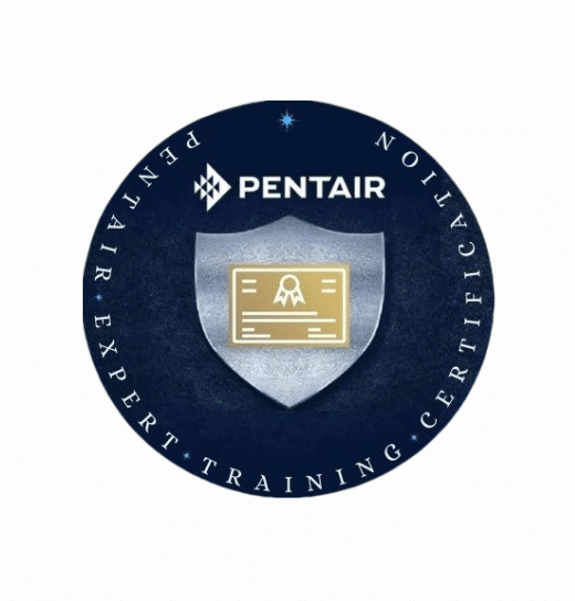 A circular badge with a blue background displays the Pentair logo at the top, a shield with a certificate icon in the center, and the words “Pentair Expert Training Certification” around the edge—ideal for swimming pool and pool service professionals.