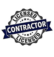 A circular black and white badge with a blue ribbon across the middle that reads CONTRACTOR. The badge also says LICENSED at the top and bottom, with small stars, perfect for a Long Beach CA swimming pool or pool service professional.