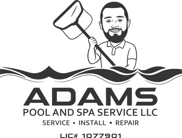 Logo for Adams Pool and Spa Service LLC features a smiling man holding a pool skimmer above stylized waves, highlighting expert pool repair and pool service. Includes text: Service • Install • Repair and license number 1077901.